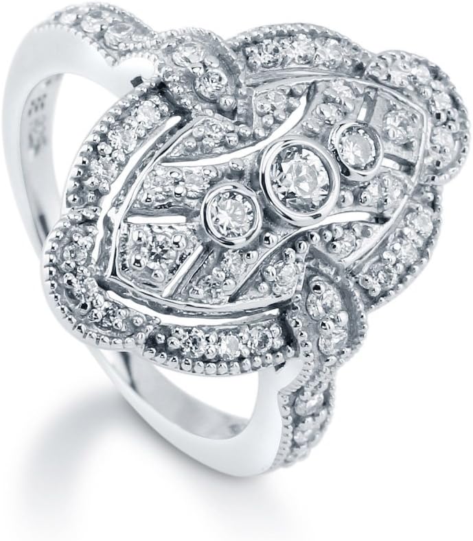 Sterling Silver CZ Navette Statement Cocktail Rings for Women, Art Deco Cubic Zirconia Ring