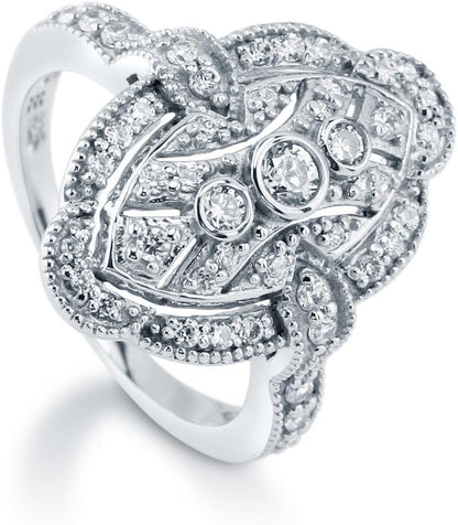 Sterling Silver CZ Navette Statement Cocktail Rings for Women, Art Deco Cubic Zirconia Ring