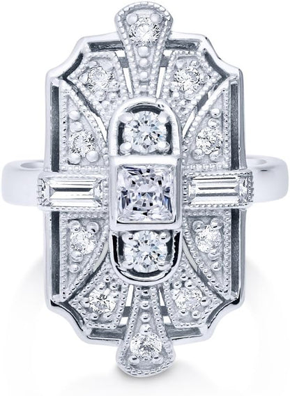 Sterling Silver CZ Navette Statement Cocktail Rings for Women, Art Deco Cubic Zirconia Ring
