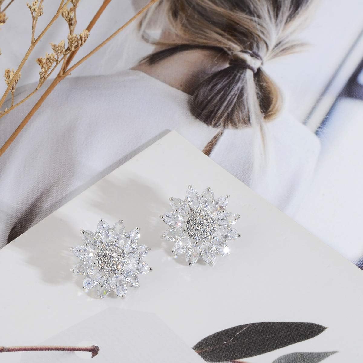 Crystal Flower Burst Stud Earirings - Big Sterling Silver CZ Cubic Zirconia Rhinestone Daisy Sunflower Floral Cluster Studs Bridal Wedding Party Prom Costume Jewelry for Bride Bridesmaids Women Birthstone Birthday Gift