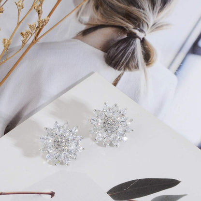 Crystal Flower Burst Stud Earirings - Big Sterling Silver CZ Cubic Zirconia Rhinestone Daisy Sunflower Floral Cluster Studs Bridal Wedding Party Prom Costume Jewelry for Bride Bridesmaids Women Birthstone Birthday Gift
