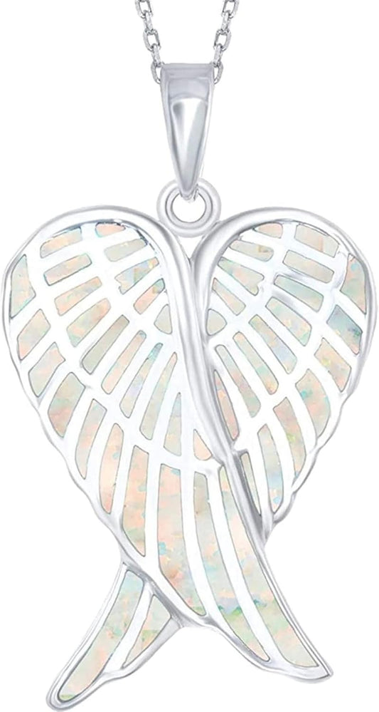 Sterling Silver Angel Wing Heart Necklace - Simulated White, Pink or Blue Opal - Meaningful Guardian Angel Gift for Women