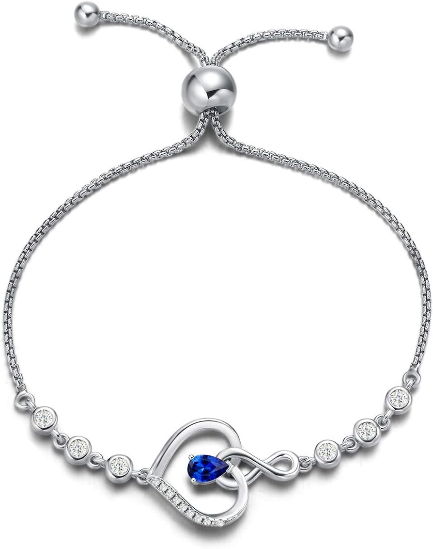 Heart Birthstone Bracelets for Women Sterling Silver Genuine or Created Gemstone Tennis Bracelet Infinity Love Jewelry Anniversary Birthday Gifts for Wife Mom Women