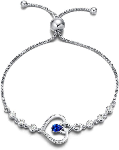 Heart Birthstone Bracelets for Women Sterling Silver Genuine or Created Gemstone Tennis Bracelet Infinity Love Jewelry Anniversary Birthday Gifts for Wife Mom Women
