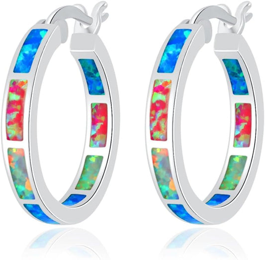 Sterling Silver/Rose Gold/Yellow Gold Plated Hoop Earrings 20Mm,Multicolor Opal Small Hoop Earrings for Women Girls Hypoallergenic Jewelry for Sensitive Ears Gemstone Earrings