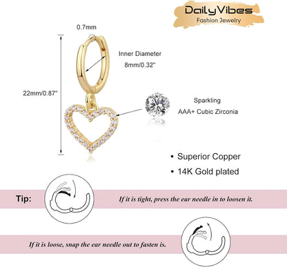 Gold Mini Dangle Huggie Earrings for Women, Dainty 14K Gold Plated Cubic Zirconia Small Hoop Earrings with Charm Drop, Jewelry Gift for Women Ladies