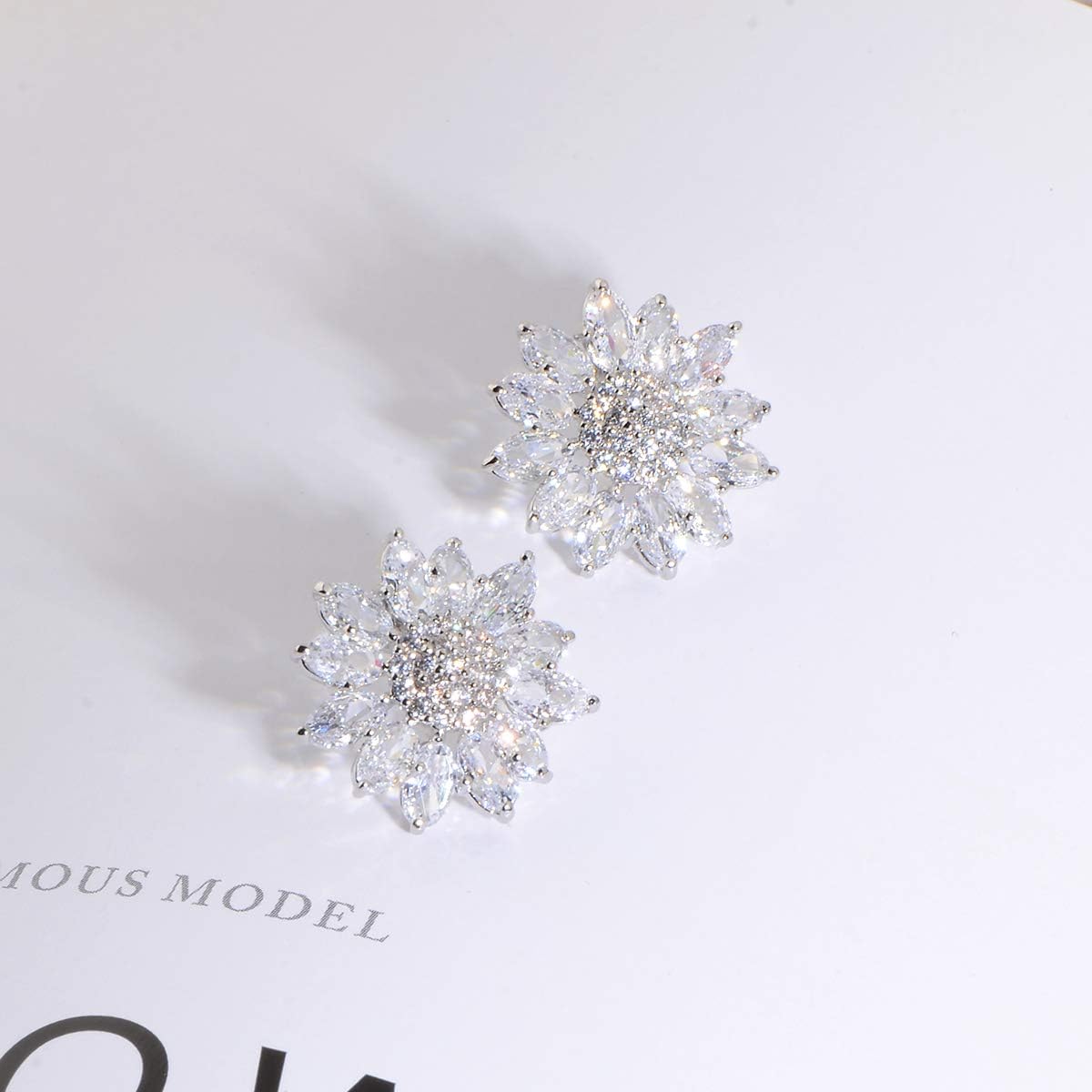 Crystal Flower Burst Stud Earirings - Big Sterling Silver CZ Cubic Zirconia Rhinestone Daisy Sunflower Floral Cluster Studs Bridal Wedding Party Prom Costume Jewelry for Bride Bridesmaids Women Birthstone Birthday Gift