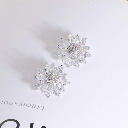 Crystal Flower Burst Stud Earirings - Big Sterling Silver CZ Cubic Zirconia Rhinestone Daisy Sunflower Floral Cluster Studs Bridal Wedding Party Prom Costume Jewelry for Bride Bridesmaids Women Birthstone Birthday Gift