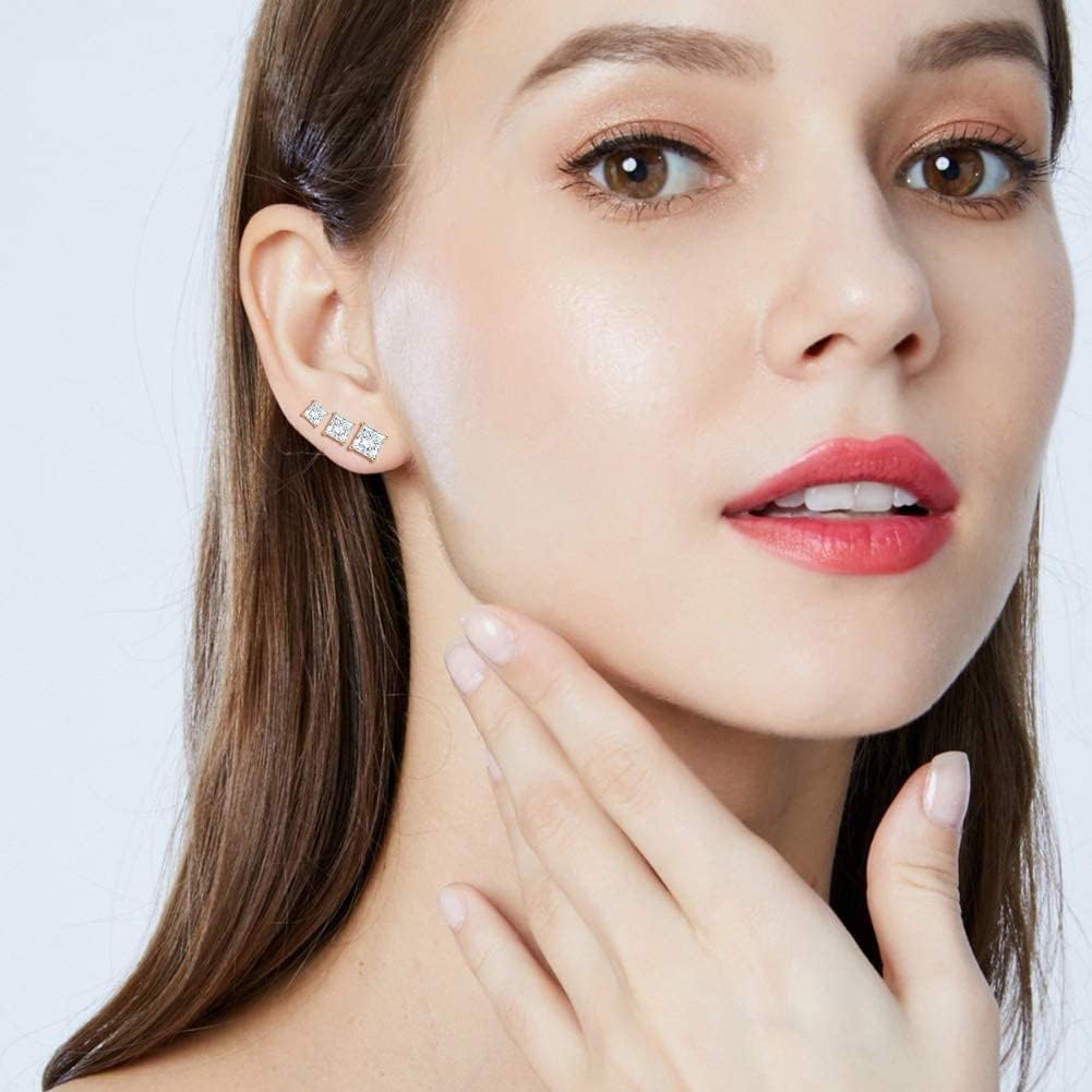 5 Pairs 14K Yellow Gold Plated Princess Cut Clear Cubic Zirconia Stud Earring Set for Women Men