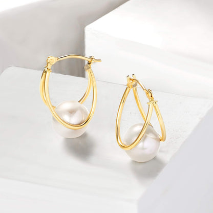 8-9Mm Cultured Pearl Double-Hoop Earrings in 14Kt Yellow Gold. 3/4