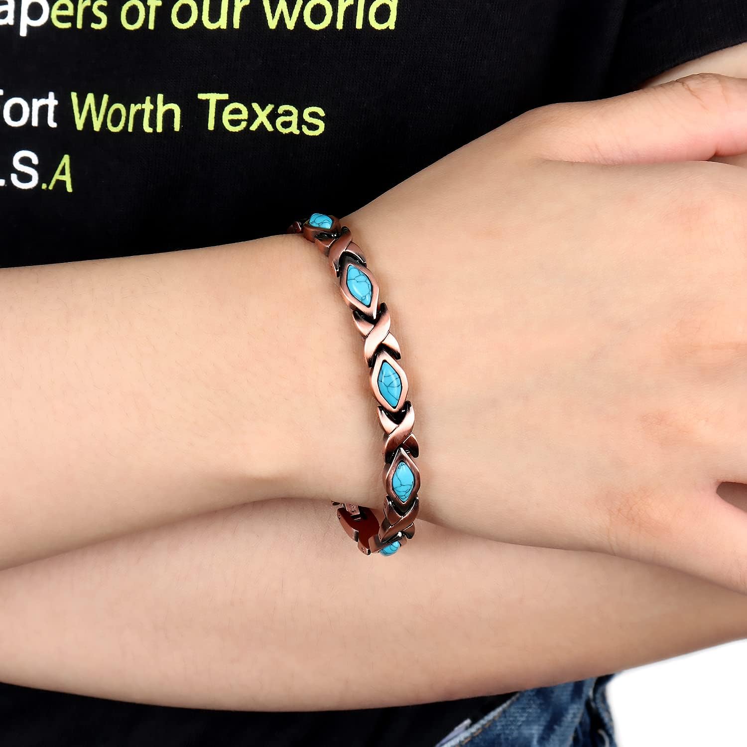 ® 99.9% Pure Copper Turquoise Magnetic Bracelet - 3000 Gauss Magnetic Copper Bracelets for Women - Adjustable Length with Adjusting Tool