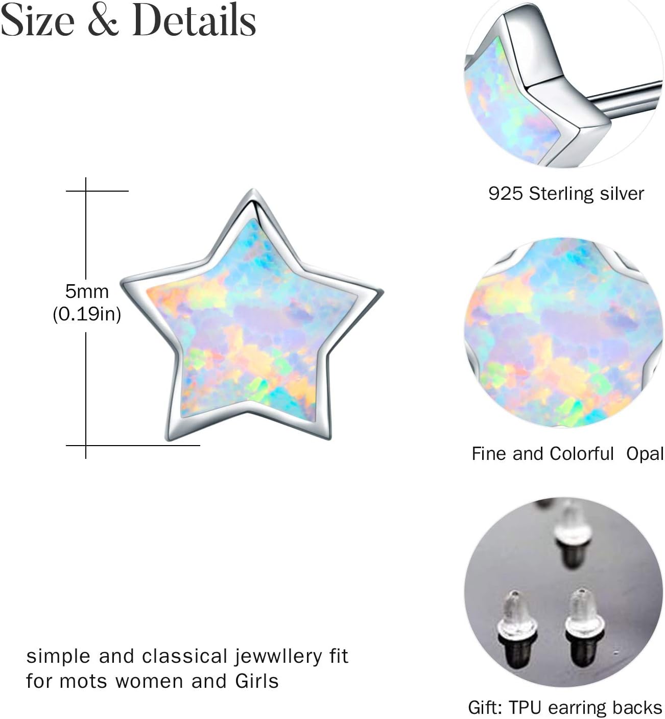 Opal Star Earrings Star Studs 925 Sterling Silver Synthetic Opal Earrings Hypoallergenic Earring Jewelry for Women Mom