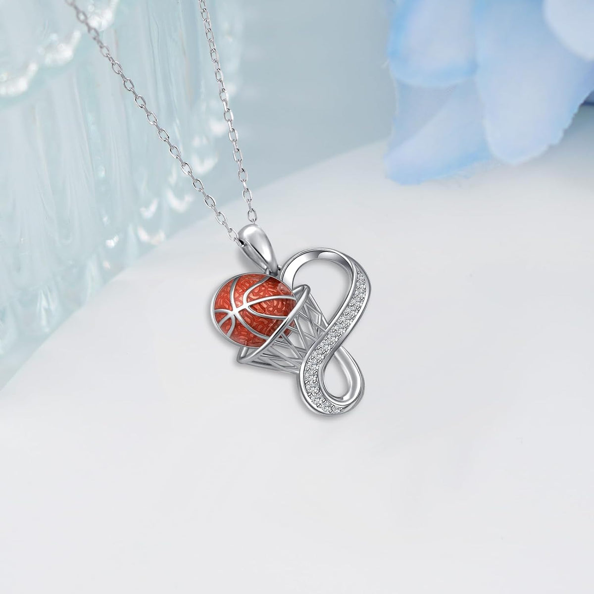 925 Sterling Silver Basketball CZ Pendant Necklace