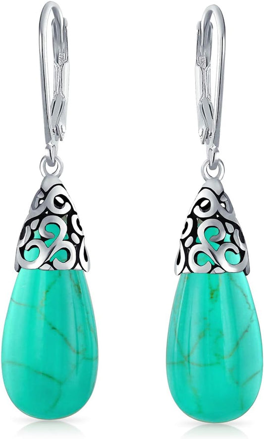 Boho Western Style Green Blue Black Purple Gemstone Long Elongated Teardrop Filigree Lever Back Dangle Earrings for Women .925 Sterling Silver More Birthstones