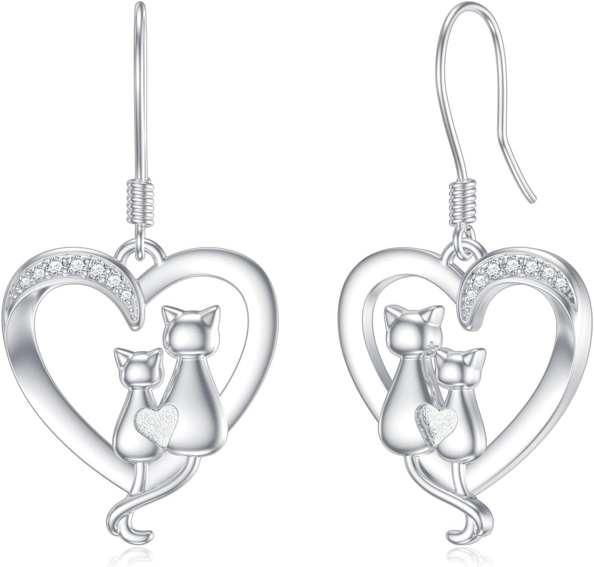 Diamond Cat Heart Drop Earrings – 925 Sterling Silver, 0.05 CT