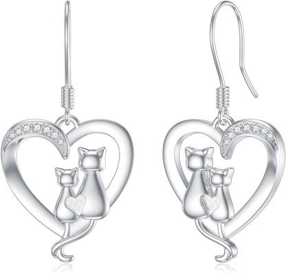 Diamond Cat Heart Drop Earrings – 925 Sterling Silver, 0.05 CT