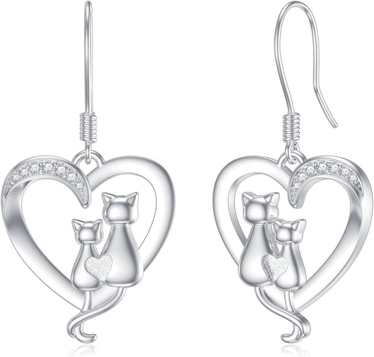 Diamond Cat Heart Drop Earrings – 925 Sterling Silver, 0.05 CT