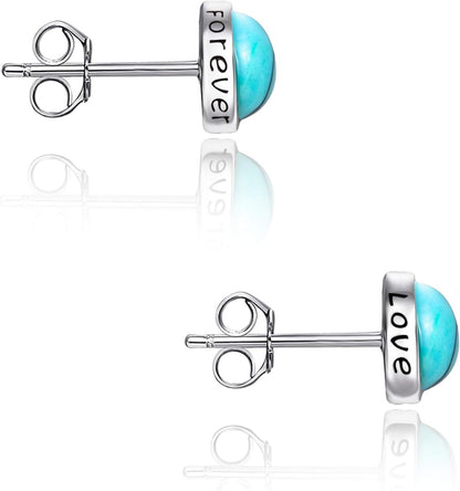 925 Sterling Silver Turquoise Studs Hypoallergenic Earrings for Sensitive Ears with Romantic "Forever" "Love" Engraving, Turquoise Jewelry Mother Day for Women Girlfriend-4Mm 6MM