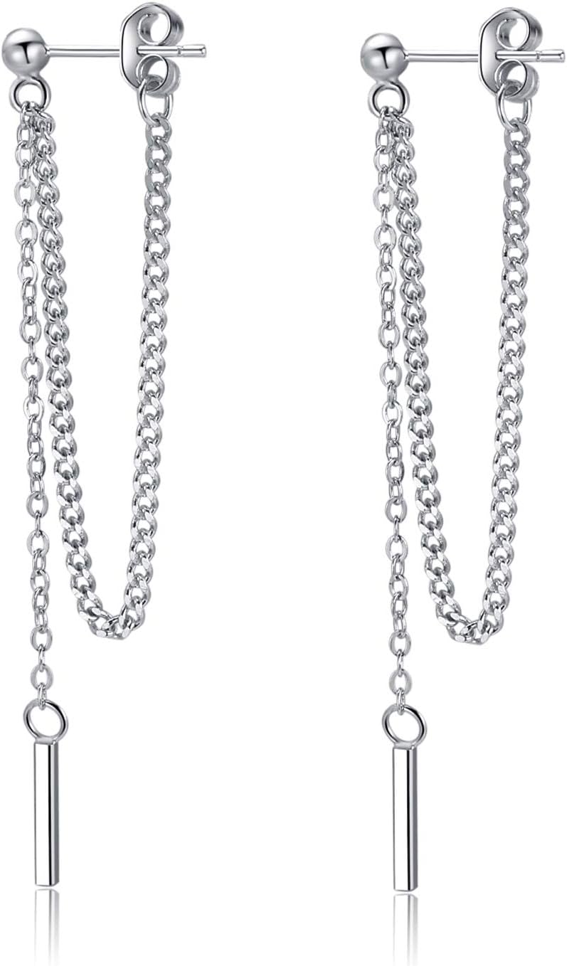 Solid 925 Sterling Silver Bar Dangle Earrings for Women Minimalist Dangle Earrings Threader Chain