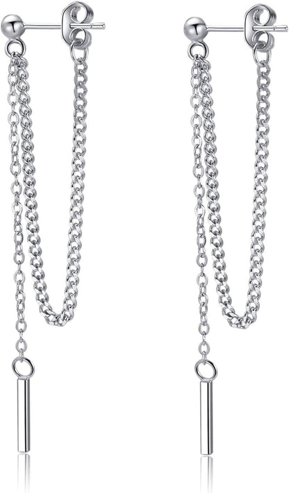 Solid 925 Sterling Silver Bar Dangle Earrings for Women Minimalist Dangle Earrings Threader Chain