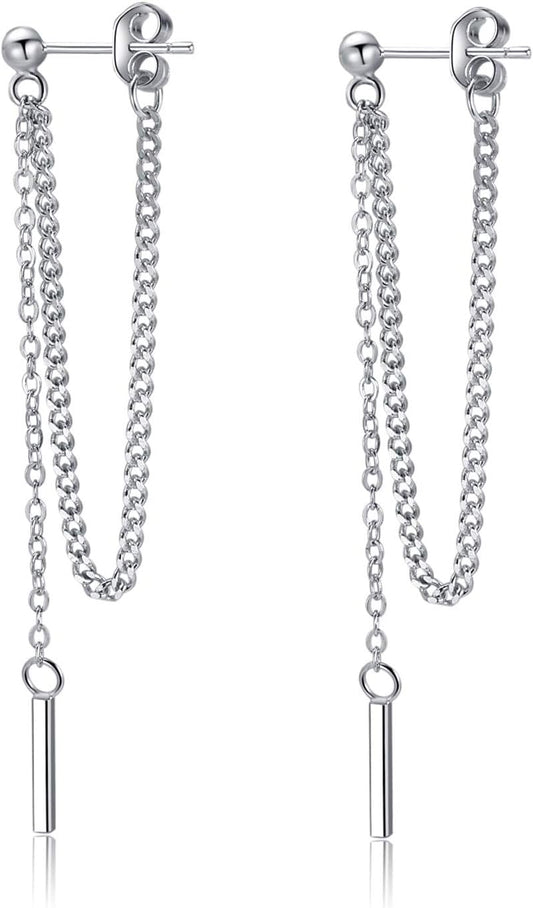 Solid 925 Sterling Silver Bar Dangle Earrings for Women Minimalist Dangle Earrings Threader Chain
