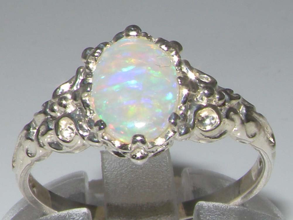 925 Sterling Silver Real Genuine Opal Womens Band Ring