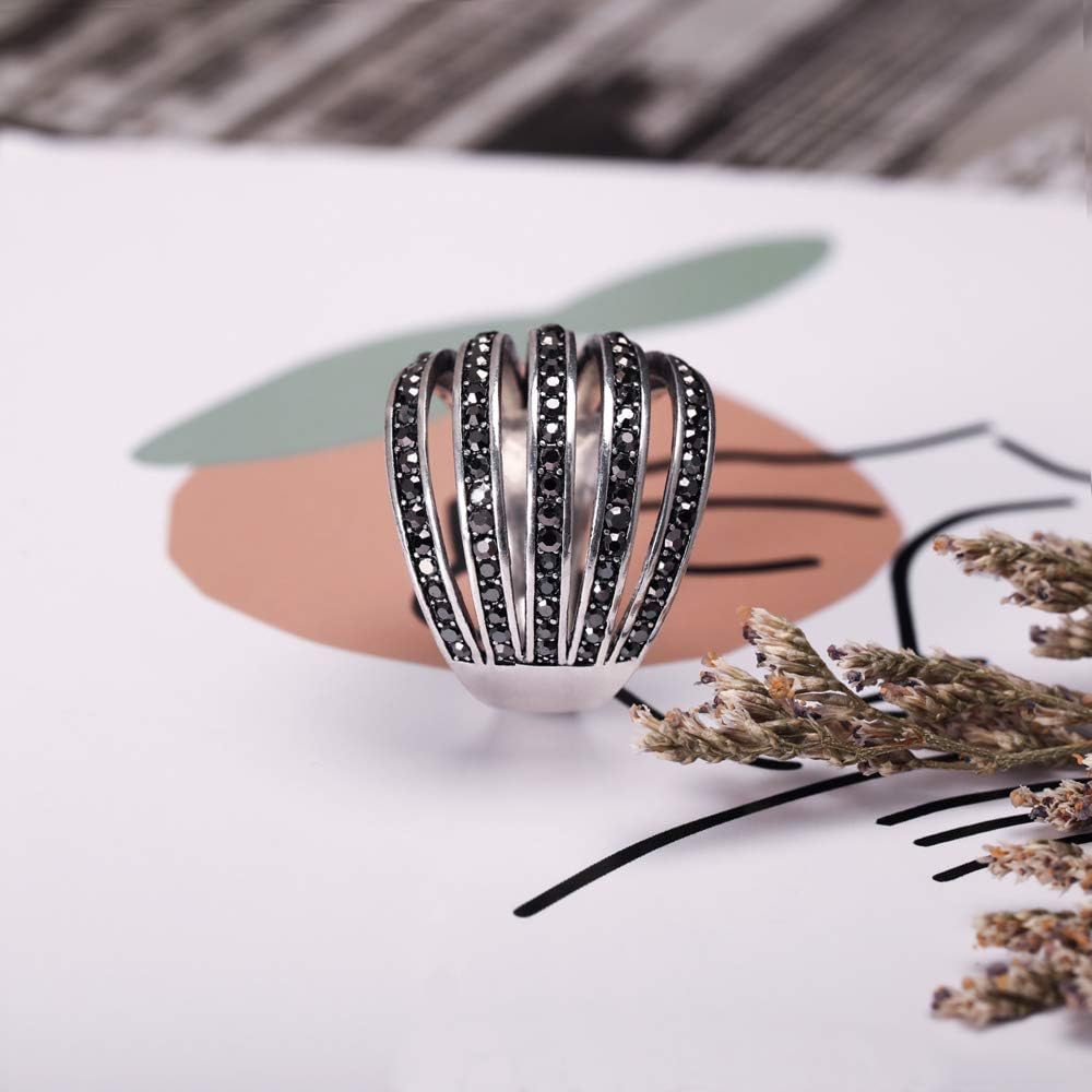 Vintage Wide Ring Classic Black Marcasite Crystal Rows Statement Silver Chunky Rings