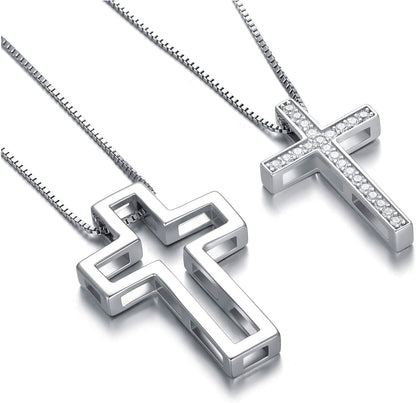 925 Sterling Silver Matching Cross CZ Necklaces– Set of 2