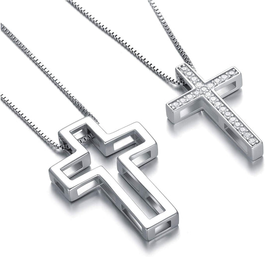 925 Sterling Silver Matching Cross CZ Necklaces– Set of 2
