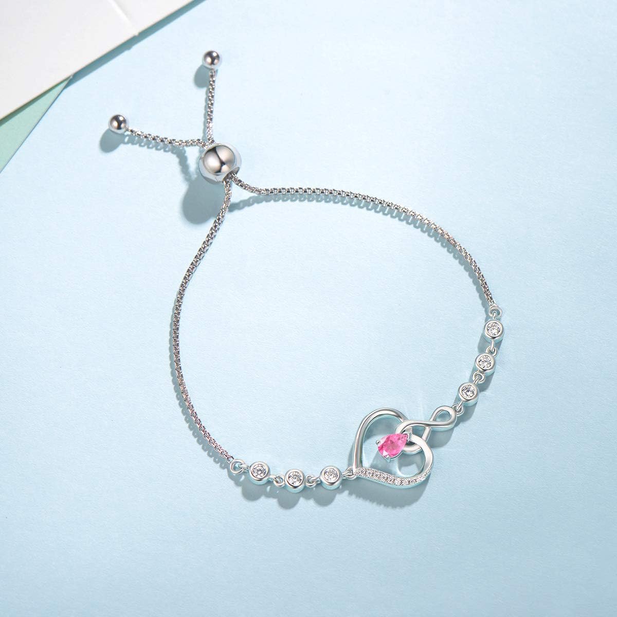 Heart Birthstone Bracelets for Women Sterling Silver Genuine or Created Gemstone Tennis Bracelet Infinity Love Jewelry Anniversary Birthday Gifts for Wife Mom Women