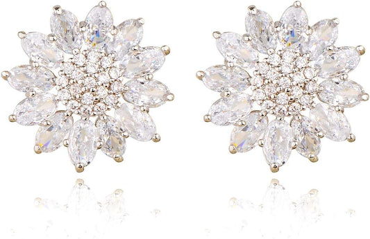 Crystal Flower Burst Stud Earirings - Big Sterling Silver CZ Cubic Zirconia Rhinestone Daisy Sunflower Floral Cluster Studs Bridal Wedding Party Prom Costume Jewelry for Bride Bridesmaids Women Birthstone Birthday Gift