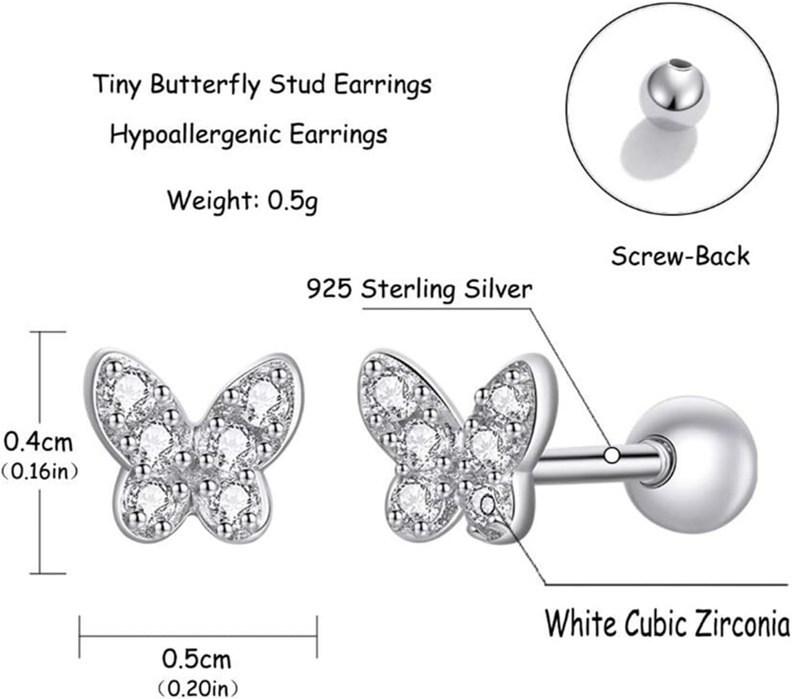 925 Sterling Silver Tiny Butterfly Heart Star Earrings with Screw Back Cubic Zirconia Stud Earrings for Women Cartilage Jewelry