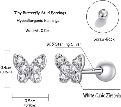 925 Sterling Silver Tiny Butterfly Heart Star Earrings with Screw Back Cubic Zirconia Stud Earrings for Women Cartilage Jewelry