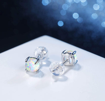 Hypoallergenic Earrings for Women: 925 Sterling Silver Rainbow Moonstone/Opal/Turquoise Screw Back Stud Earrings for Sensitive Ears Small round Earrings Christmas Mother Day Jewelry Gifts (5Mm/7Mm)
