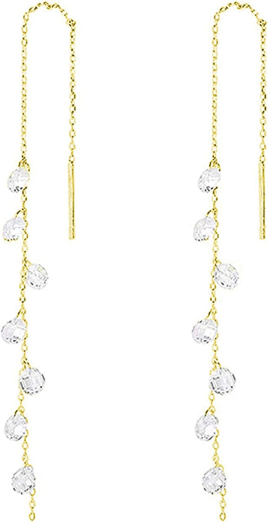 925 Sterling Silver Sparkling CZ Droplet Dangle Earrings for Women Teens Elegant Wedding Dangling Earrings Threader Tassel