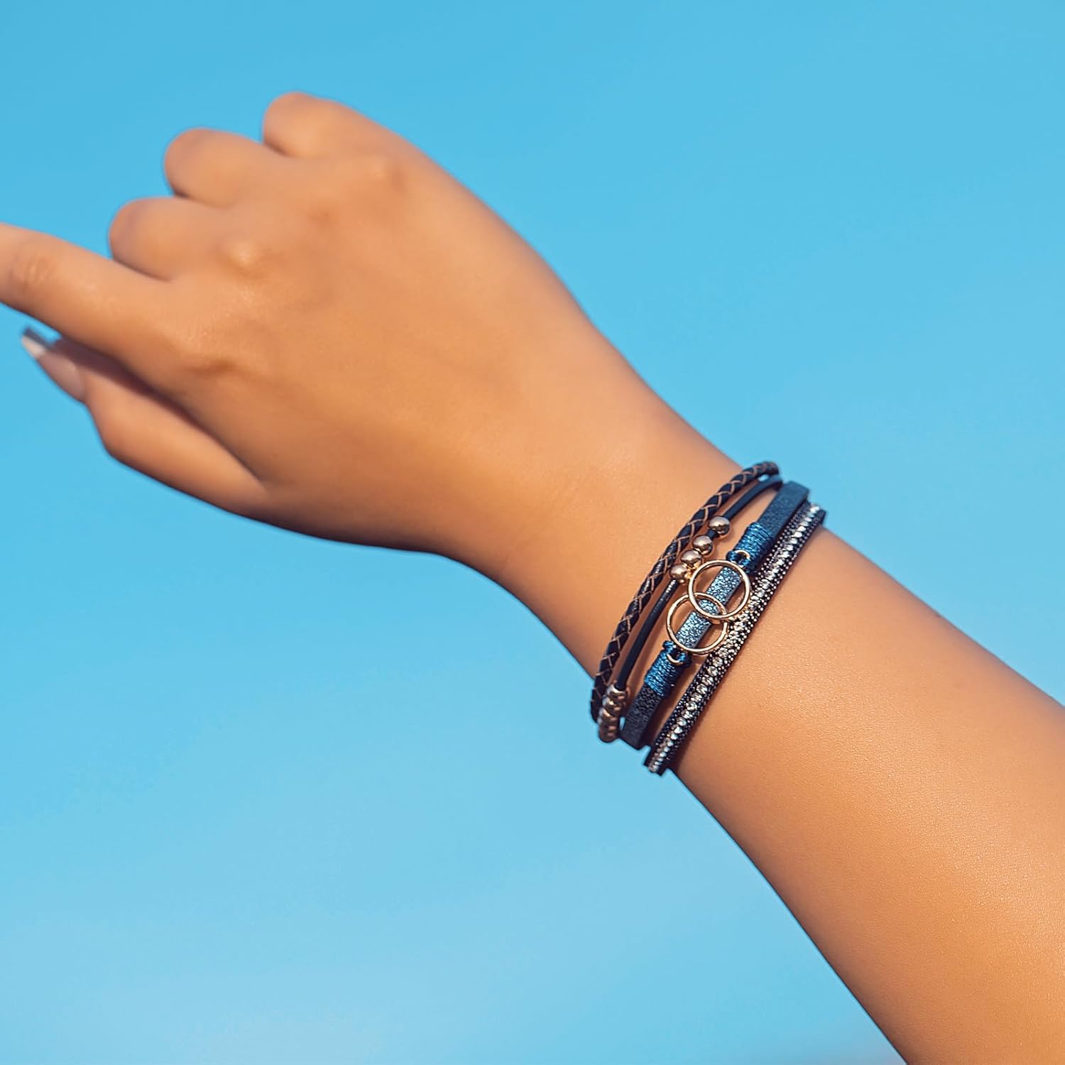 Boho Wrap Bracelets Leather Cuff Bangle Gold Beaded Bracelets for Women Stackable Infinity Bracelets Jewelry Gift Mom with Magnetic Clasp