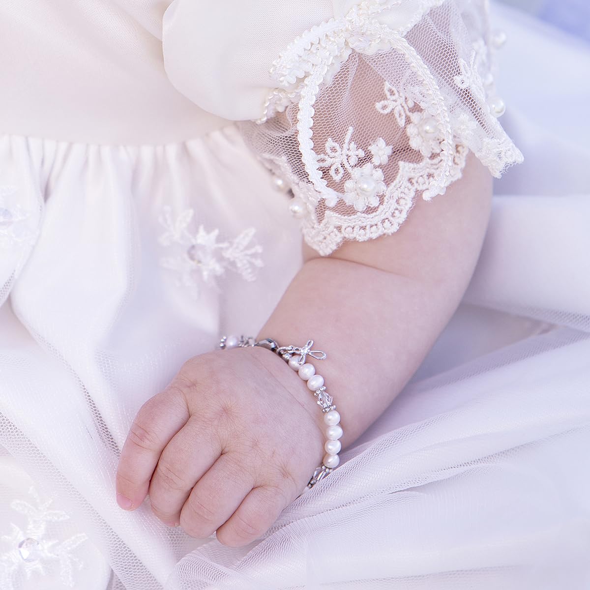 Babe to Bride Keepsake Cross Bracelet Baptism Gift for Infant Newborn Baby Girl in Sterling Silver with Cultured Pearls