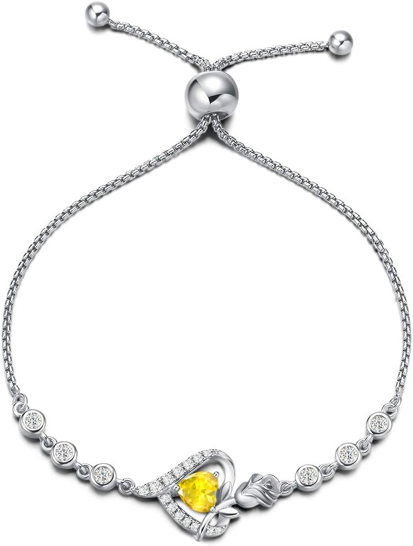 Rosy Reverie Birthstone Bracelet for Women Sterling Silver Genuine or Created Gemstone Tennis Bracelet Rose Heart Jewelry Anniversary Birthday Gifts for Women Mom Wife Her