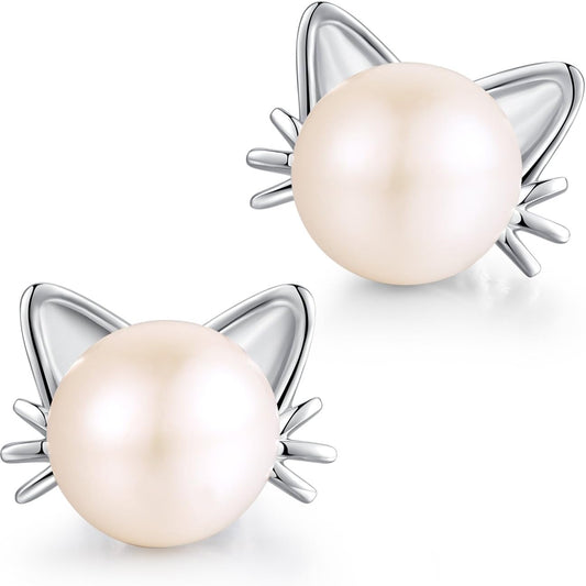 18K White Gold Plated Cat Pearl Stud Earrings for Women 925 Sterling Silver Cat Earrings Freshwater Pearl Cat Stud Earrings Pearl Jewelry 7.5MM-8MM