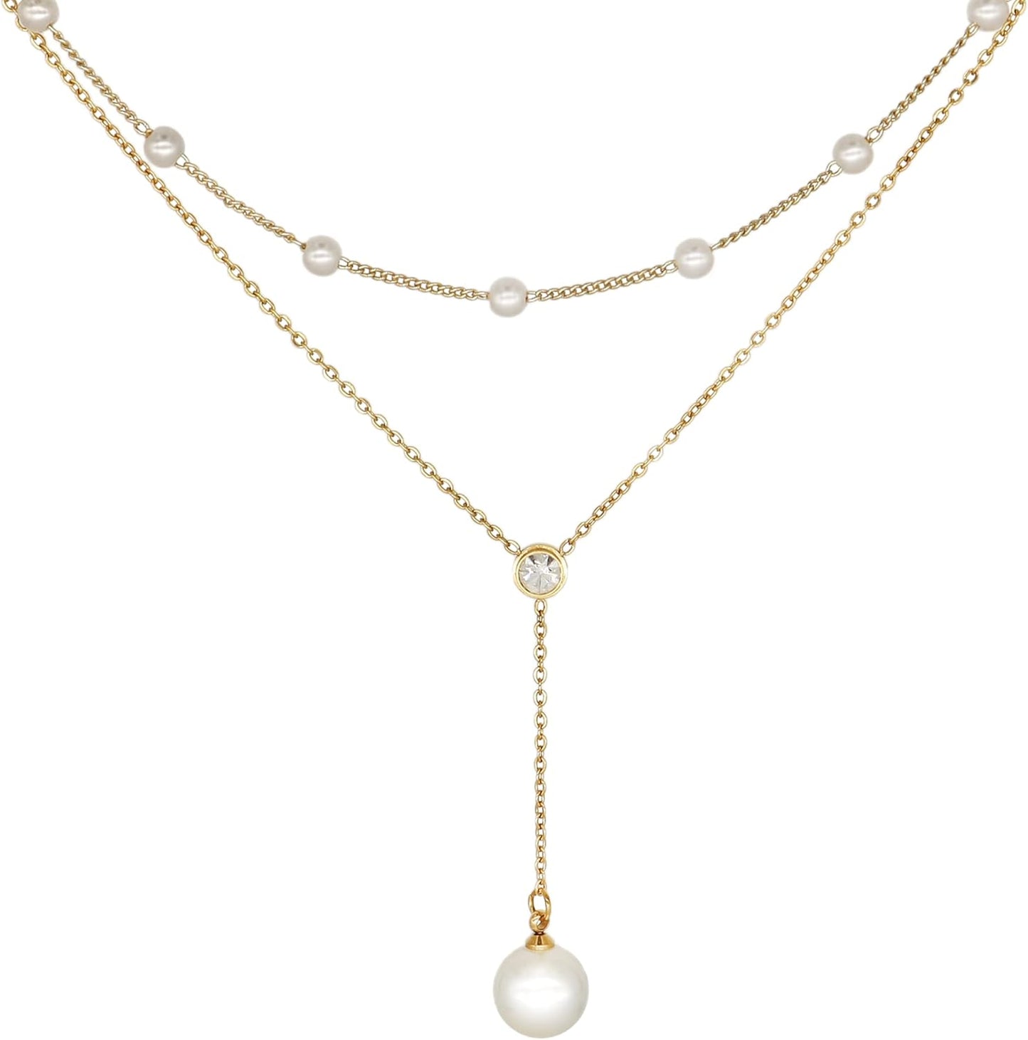 Gold Pearl Rhinestone Layered Necklaces for Women Dainty Long Drop Rhinestone Zirconia Faux Diamond Y Necklace Everyday Jewelry Gifts