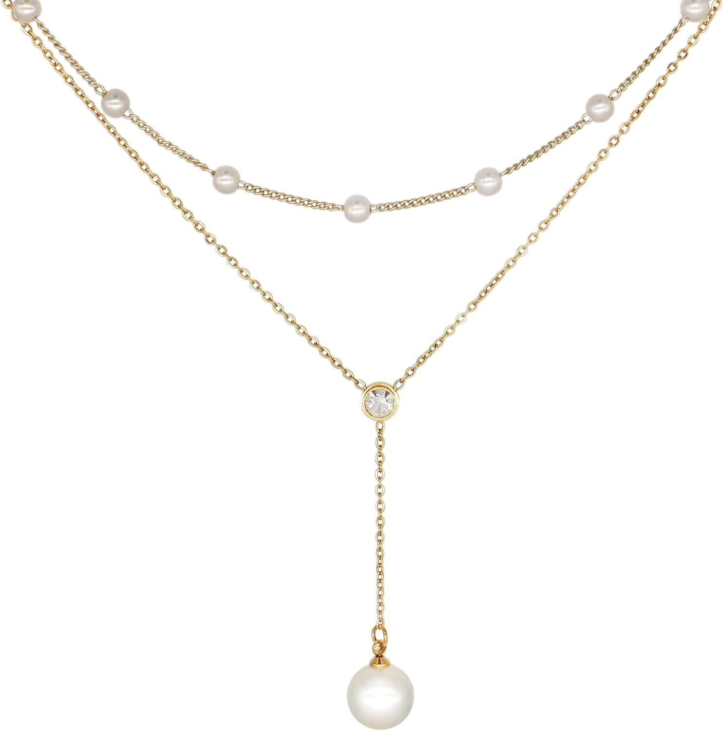 Gold Pearl Rhinestone Layered Necklaces for Women Dainty Long Drop Rhinestone Zirconia Faux Diamond Y Necklace Everyday Jewelry Gifts