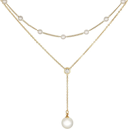 Gold Pearl Rhinestone Layered Necklaces for Women Dainty Long Drop Rhinestone Zirconia Faux Diamond Y Necklace Everyday Jewelry Gifts