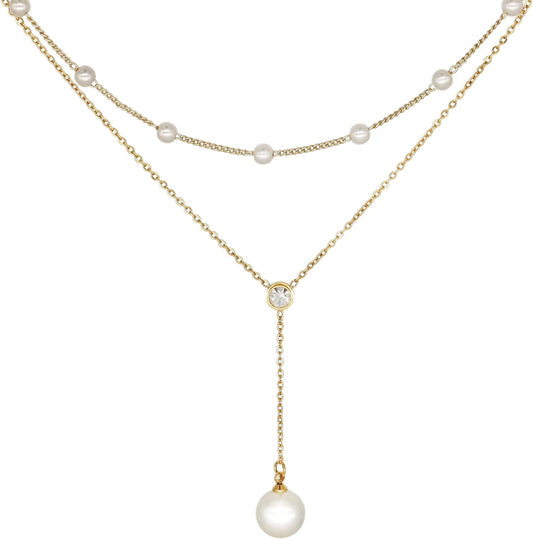 Gold Pearl Rhinestone Layered Necklaces for Women Dainty Long Drop Rhinestone Zirconia Faux Diamond Y Necklace Everyday Jewelry Gifts