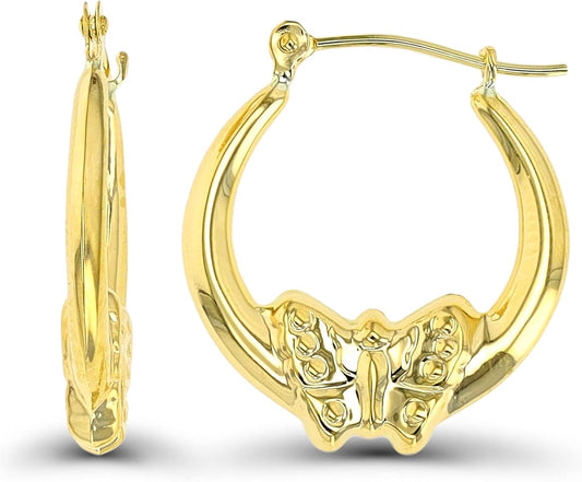 14K Yellow Gold Fancy Hoop Earrings with Hinged Clasp | Cat and Butterfly | Earrings for Sensitive Ears | Yellow Gold Hoops | Solid Gold Earrings for Women