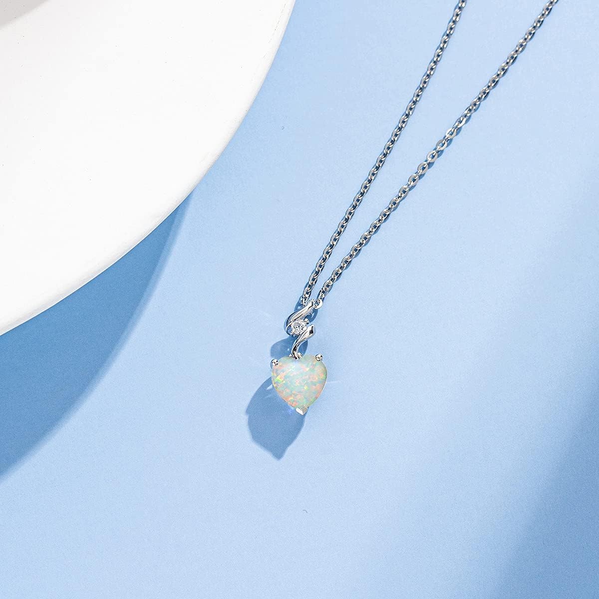 14K Solid White Gold Diamond Gemstone Pendant with Sterling Silver Chain 8Mm Heart Birthstone Necklace Fine Jewelry Anniversary Birthday Gifts for Women Mom Wife