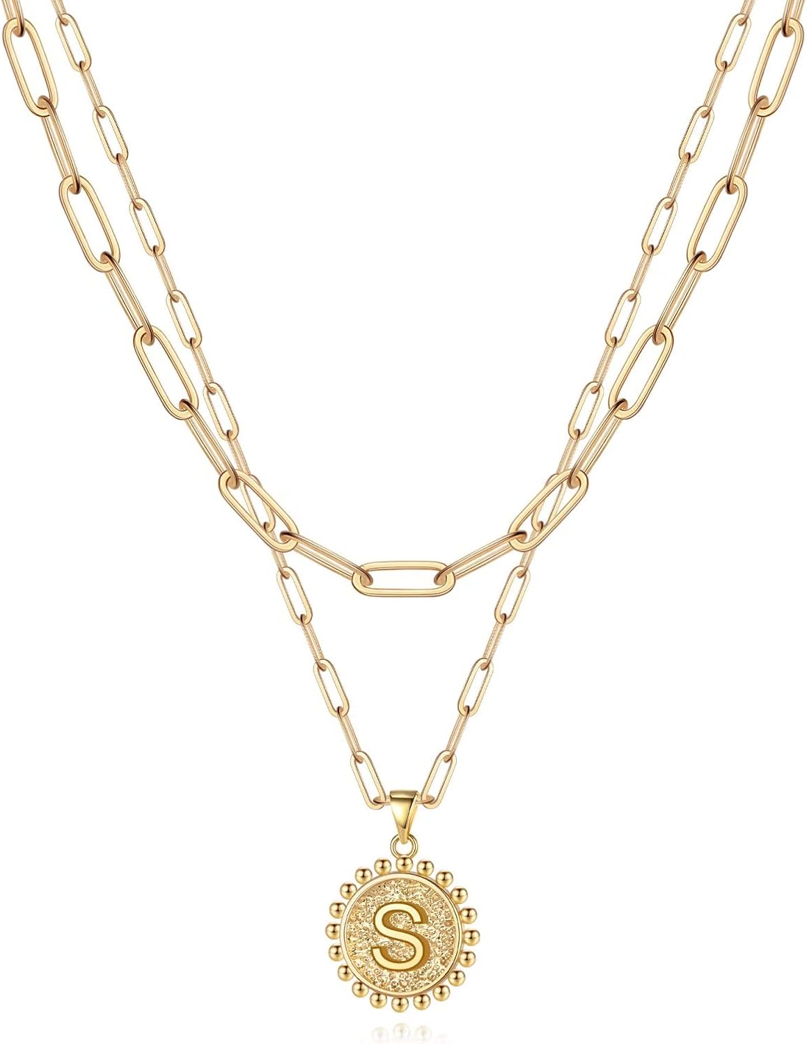 Gold Initial Necklaces for Women, 14K Gold Plated Dainty Layering Paperclip Link Chain Necklace Coin Initial Layered Necklaces for Women Personalized Birthday Gifts
