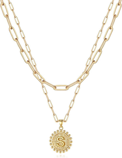 Gold Initial Necklaces for Women, 14K Gold Plated Dainty Layering Paperclip Link Chain Necklace Coin Initial Layered Necklaces for Women Personalized Birthday Gifts
