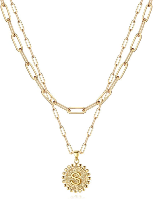 Gold Initial Necklaces for Women, 14K Gold Plated Dainty Layering Paperclip Link Chain Necklace Coin Initial Layered Necklaces for Women Personalized Birthday Gifts