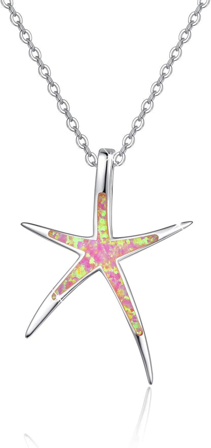 Starfish Necklace, 925 Sterling Silver with Opal, Hawaiian Beach Nautical Ocean Pendant, Starfish Jewelry Opal Jewelry Valentine for Women Girlfriend