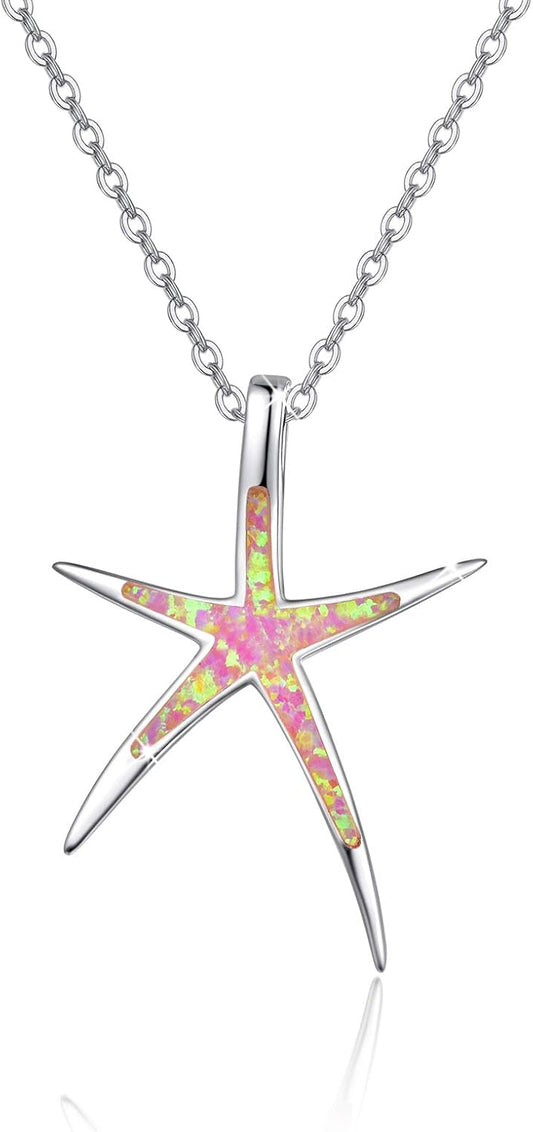Starfish Necklace, 925 Sterling Silver with Opal, Hawaiian Beach Nautical Ocean Pendant, Starfish Jewelry Opal Jewelry Valentine for Women Girlfriend